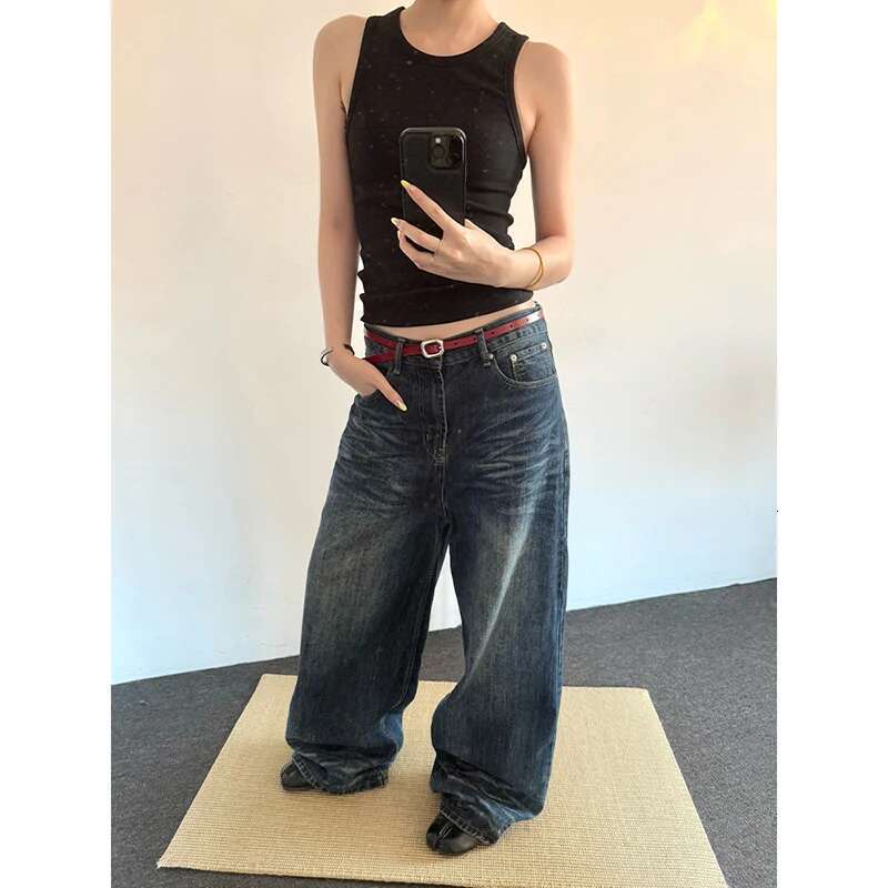 2025 Spring Vintage 2000S Loose Washed Do Old Wide Leg Pants Women's Haruku Casual Jeans Y2k Baggy Blue Denim Trouser