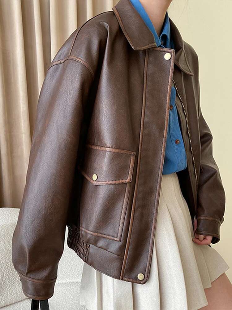 Vintage Maillard Silhouette Craft PU Leather Motorcycle Jacket Top Women Loose Thickened Brown Coat Spring Autumn