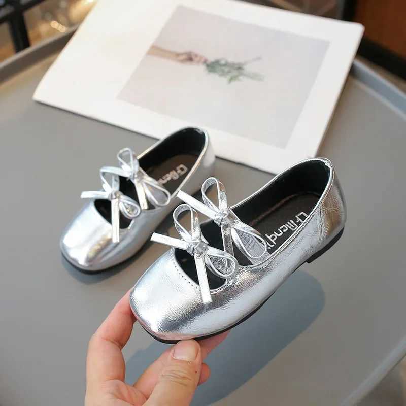 Princess Shoes for Girls New 2025 Fashion Double Bowknot Chic Children Mary Jane Shoes Gold Sliver Square Toe Elegant Kids FlatsT250306