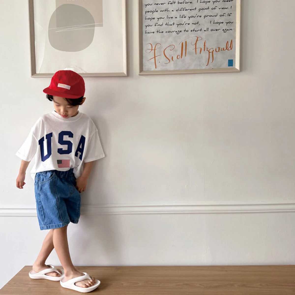 Korea Summer Kids Boys Girls Tee Oversized USA Print Short Sleeve T-Shirt Cotton Casual Tops Infant Outfit Toddler Clothes 6M-4YT250306