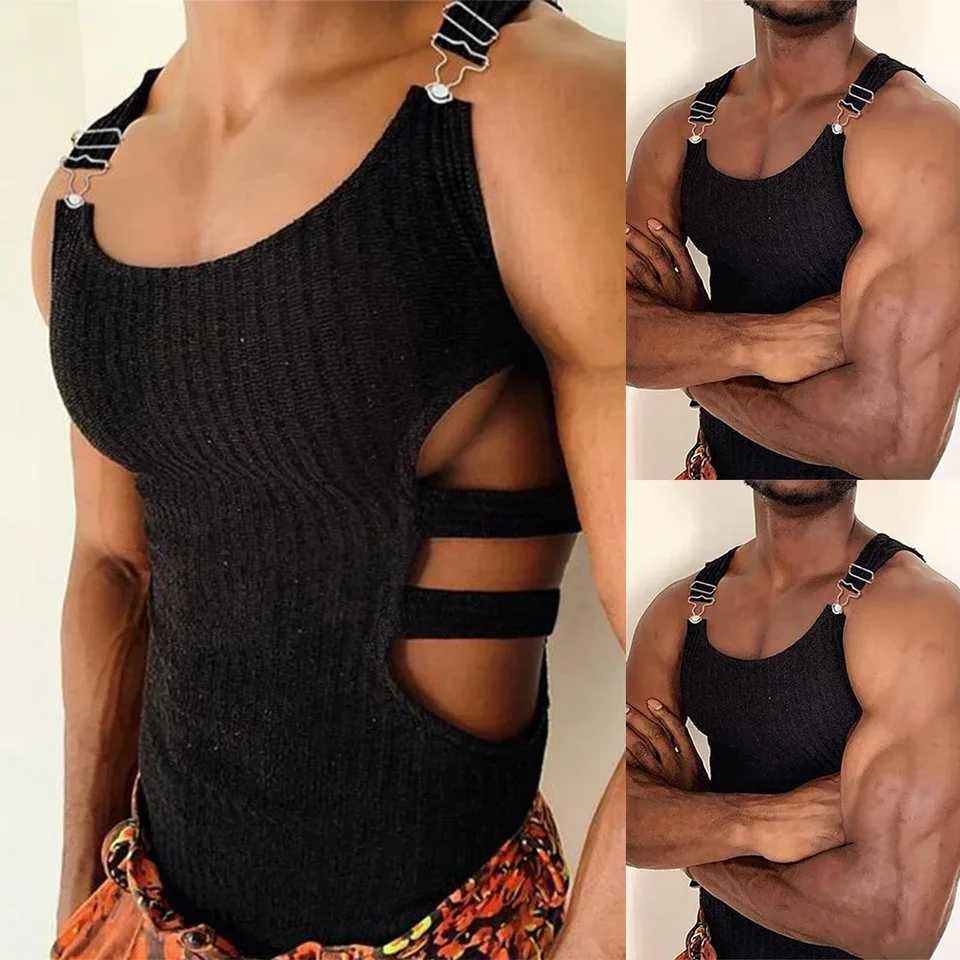Sexy Cutout Mens Sleeveless Knitted Slim Crop Tops Adjustable Vests Erotic Sweatshirt Hollow Tank T Shirt Muscle Suspender VestT250318