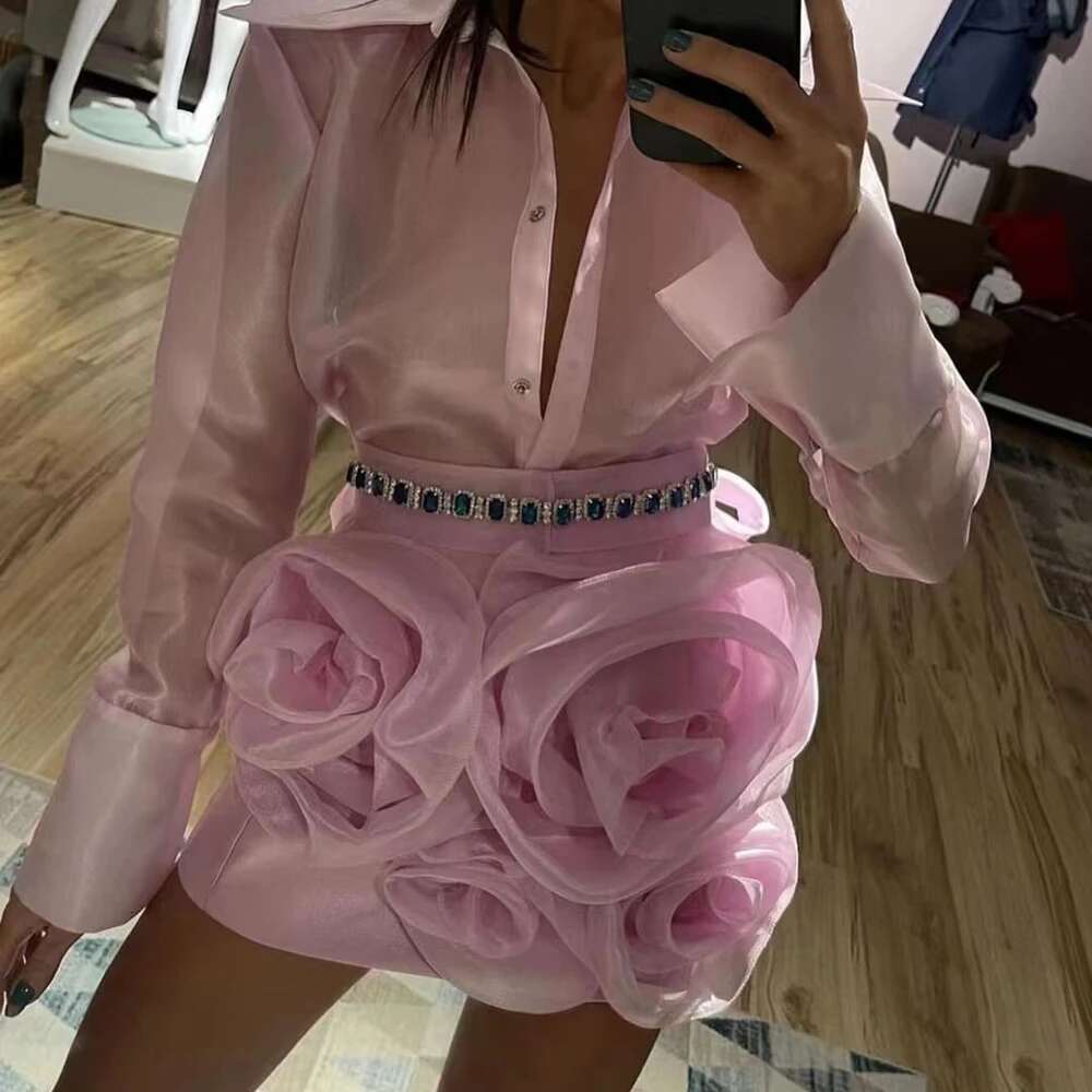 Solid Slimming Two Piece Sets For Women Lapel Long Sleeve Shirt High Waist Spliced Appliques Chic Set Female Style