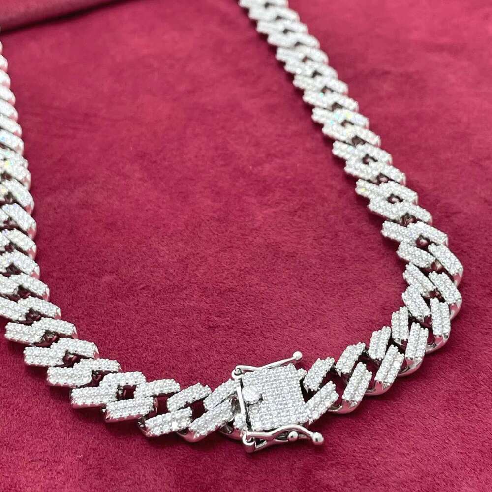 Hip Hop 12Mm Sterg Sier Soild Chain Cubic Zirconia Dia-Studded Miami Cuban K Necklace For Men
