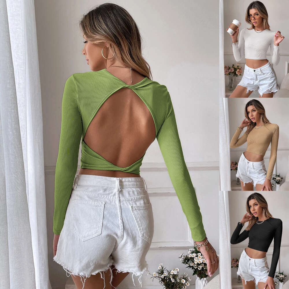 Women's Sexy Open Back Casual Short Fit Knitted Long Sleeved T-Shirt Top Bottom For Outwear KLMY