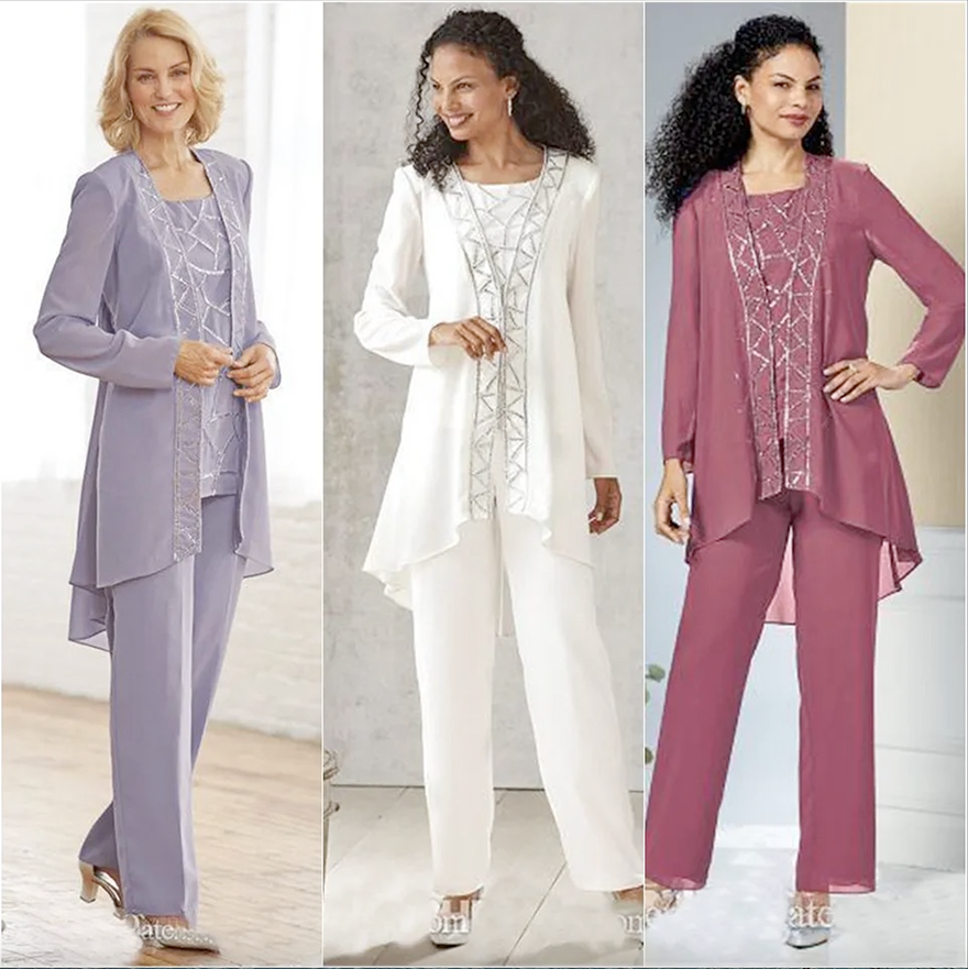Lavender Beaded Mother Of The Bride Pant Suits Jewel Neck Sequined Formal Wedding Guest Dress With Jackets Plus Size Mothers Groom Outfit