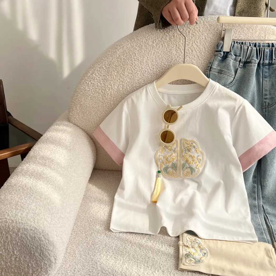 Children Girls 2025 Korean Summer T Shirts Patchwork Embroidery Cotton Round Collar Short Sleeve Kid Girls Tops Baby Girls TeesT250306