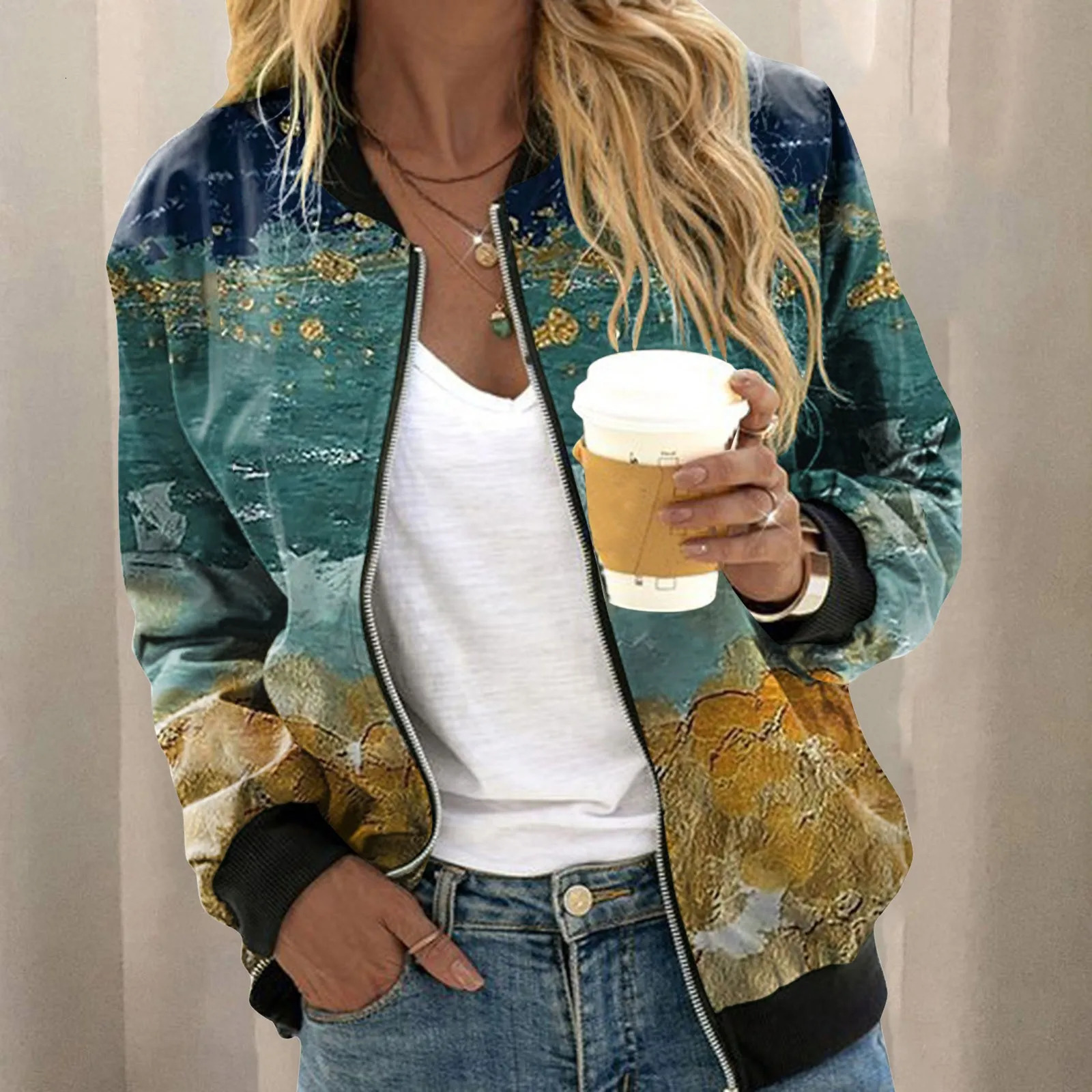 Womens Printed Bomber Jackets Zipper Casual Spring Autumn Coats Stand Collar Baseball Elegant Ladies Outerwear 250306