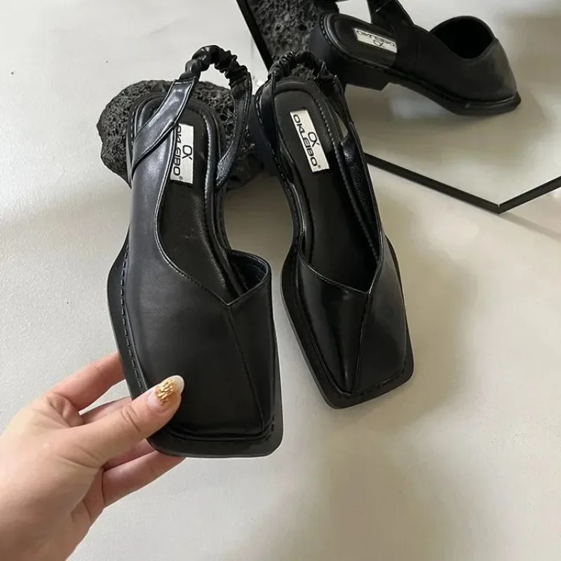 Summer Elegant Ladies Sandals Fashion Ladies Elastic Band Flat Heel Women Shallow Party Shoes Square Heel 35-40 Square Toe 250306