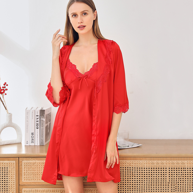 Women's Spring-Summer Silk Sleepwear Set - Sexy Lace Bed Gown with Pajamas