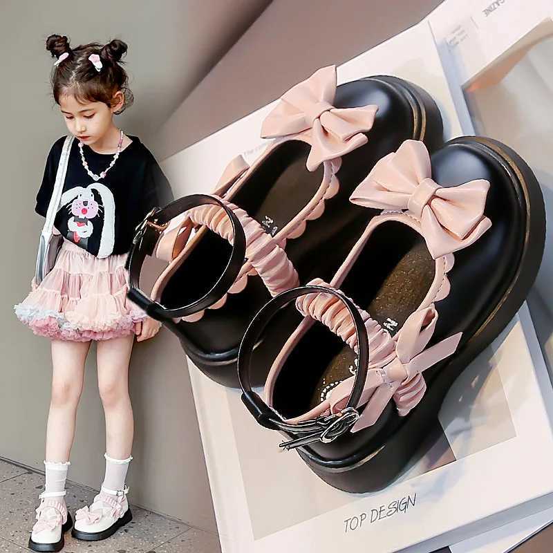 Girls Leather Shoes Fashion Lolita Mary Janes Autumn Pu Leather Kids Flat Shoes Bowknot Sweet Princess Girls Comfy School ShoeT250306