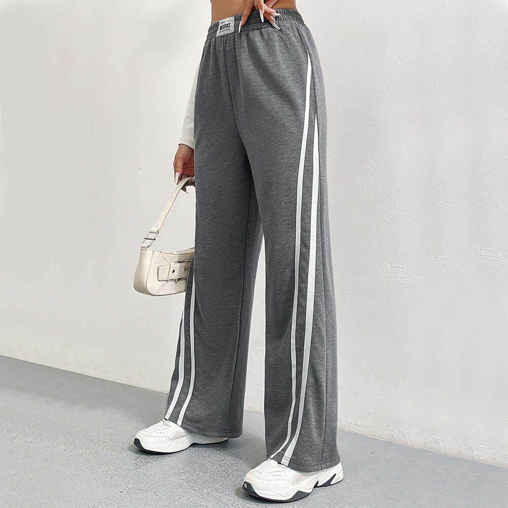 Women's Autumn/Winter Sports Pants, High Waisted Loose Straight Casual Sweatpants, Striped Patchwork Wide Leg Pants KLMY
