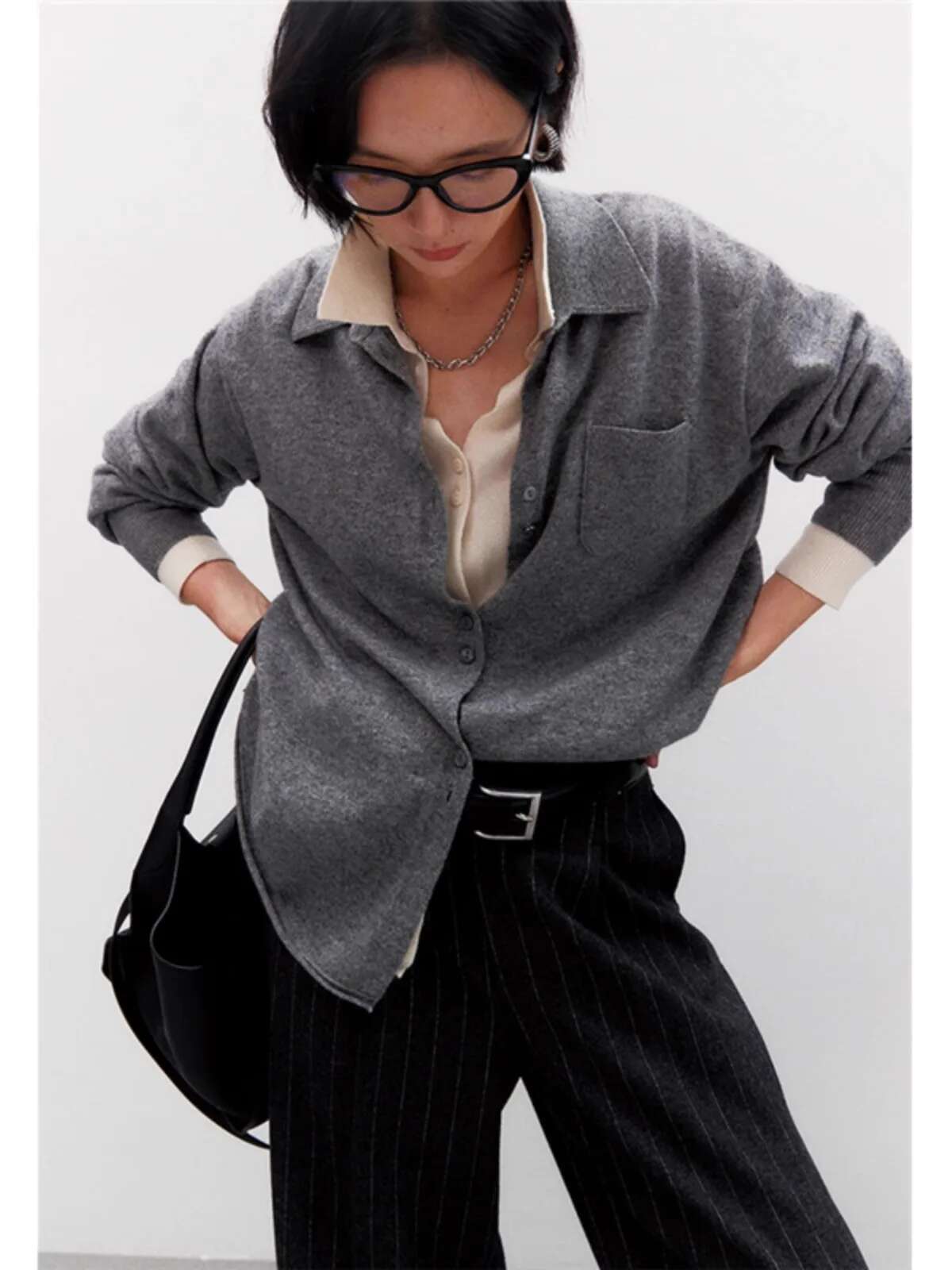 Europe Station Loose Mid-Length POLO Collar 100% Cashmere Knit Cardigan Women's Spring And Autumn Large Size Lapel Sweater