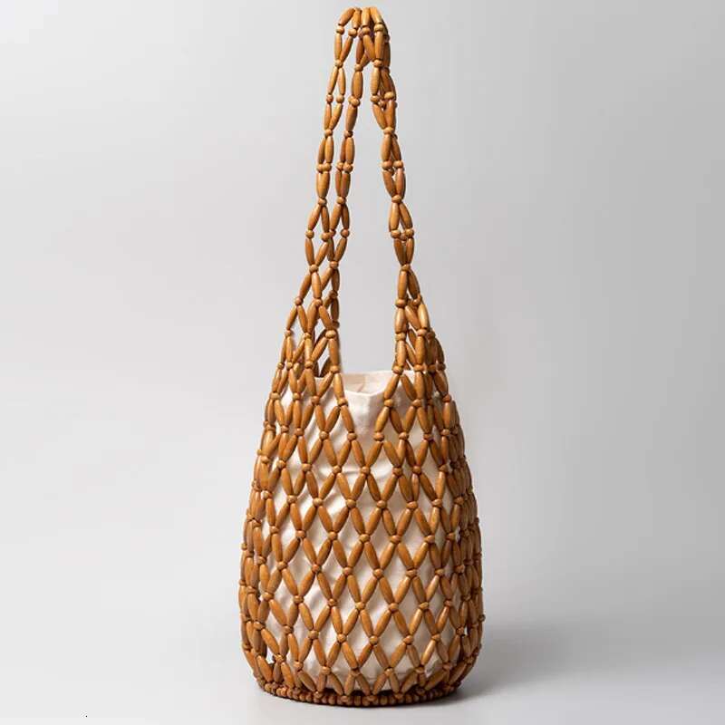 Large Capacity Wooden Bead Women Bucket 2025 New Handmade Woven Shoulder Vacation Beach Bag