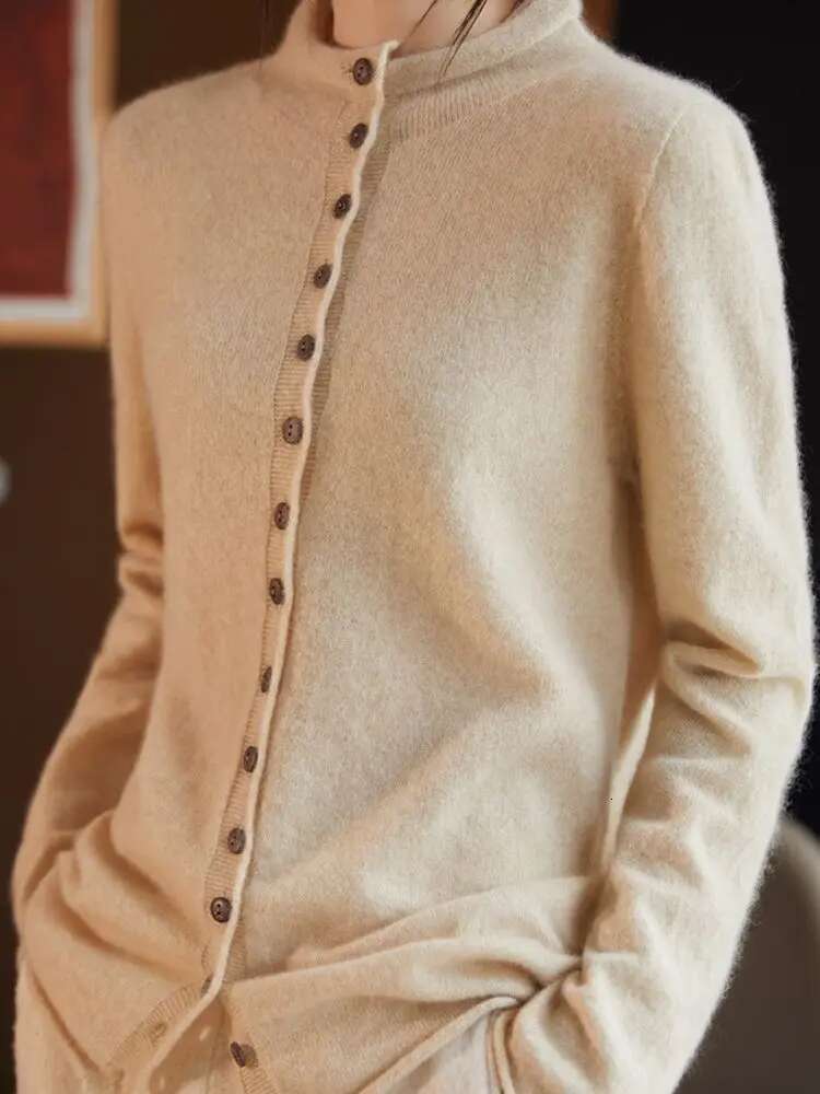 Women's Long Sleeved Solid Color Button Up Australian 100% Wool Cardigan Autumn And Winter French Fashion Knitted Jacket