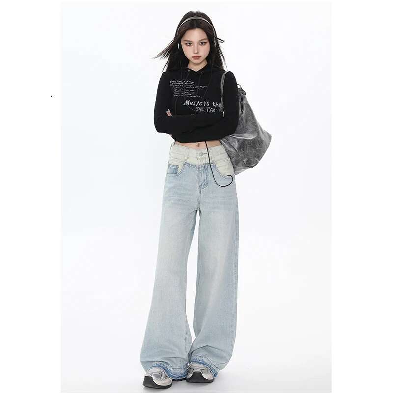 2024 Autumn Baggy Wide Leg Women Quality High Waisted Denim Pants Light Blue Korean Retro Fashion Fake Two Pieces Jeans