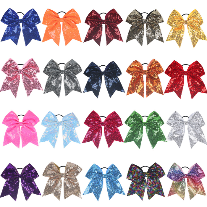 Children Large Glitter Cheer Hair Bows Girls Colorful Sequin Kids Solid Color Bow Elastic Hairbands Ponytail Kids Hair Band Ties Hair Accessories MA07