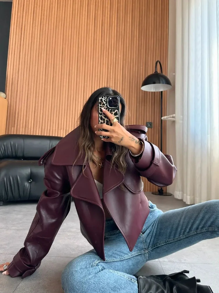 Women Burgundy Lapel Leather Jackets Fashion Casual Loose Pockets Long Sleeve Coats Spring Female High Street Outerwear 250306