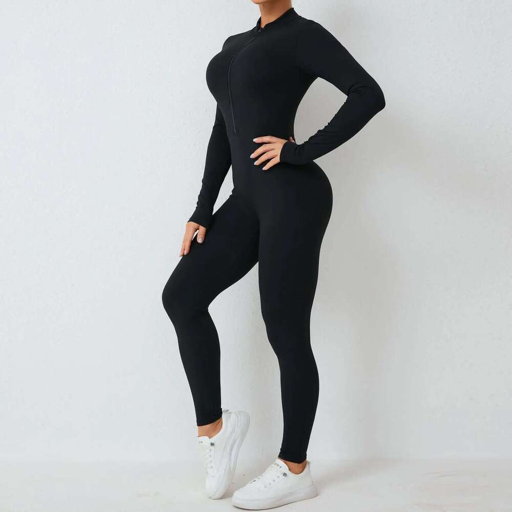 New Nylon Pad Zipper Women Tracksuit Yoga Set One Piece Jumpsuit Workout Scrunch Legging Rompers Sport Gym Active Suit Exercise KLMY