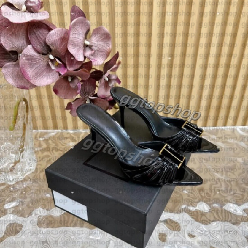 Elegant Dress Shoes Ladies Stiletto Slippers Mule Genuine Leather Fashionable New Letter Buckle Sharp Toes Sandals Women Designer High-Heeled Slipper