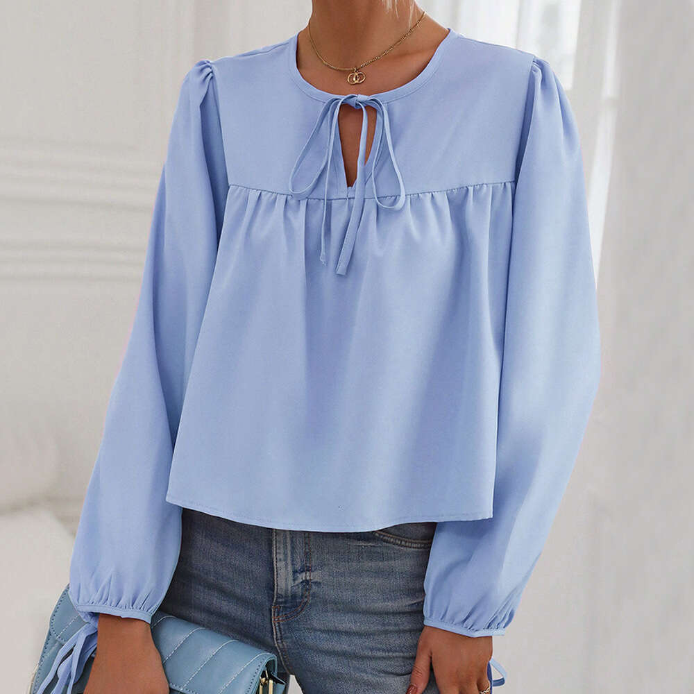 Women's Clothing Autumn And Winter Round Neck Lace Up Bubble Sleeves Loose Casual Temperament Women's Pullover Top KLMY