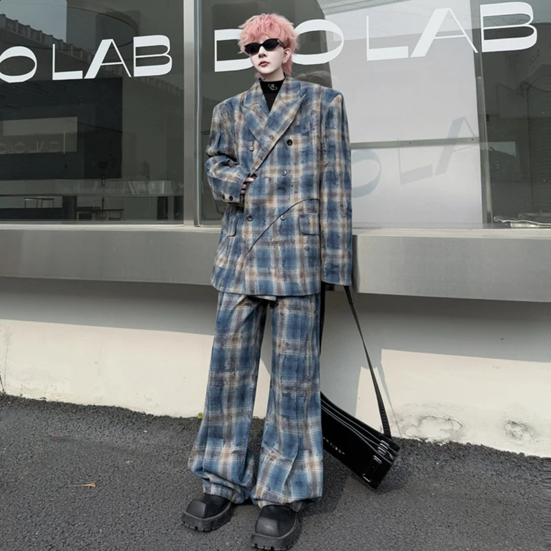 LUZHEN Spring Original Street Casual Two-piece Sets Mens Niche Plaid Printed Blazer Loose Straight Pants LZ8314 250303