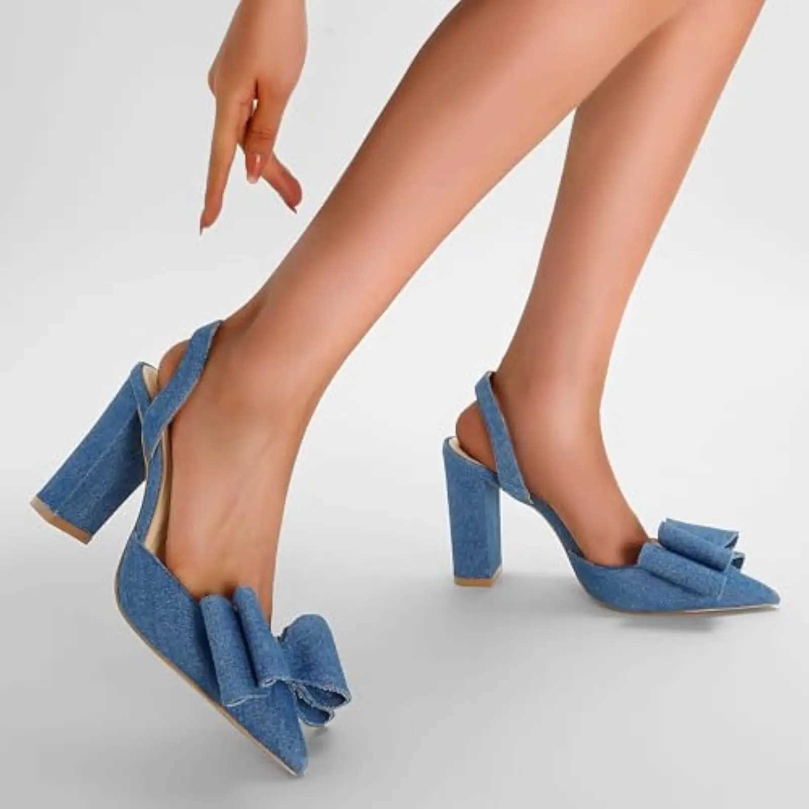 Wens Denim Chunky Heel Sandals Elegant Blue Bow Slingback with Closed Pointed Toe Slip- High H for Dressy Occasis Y250306