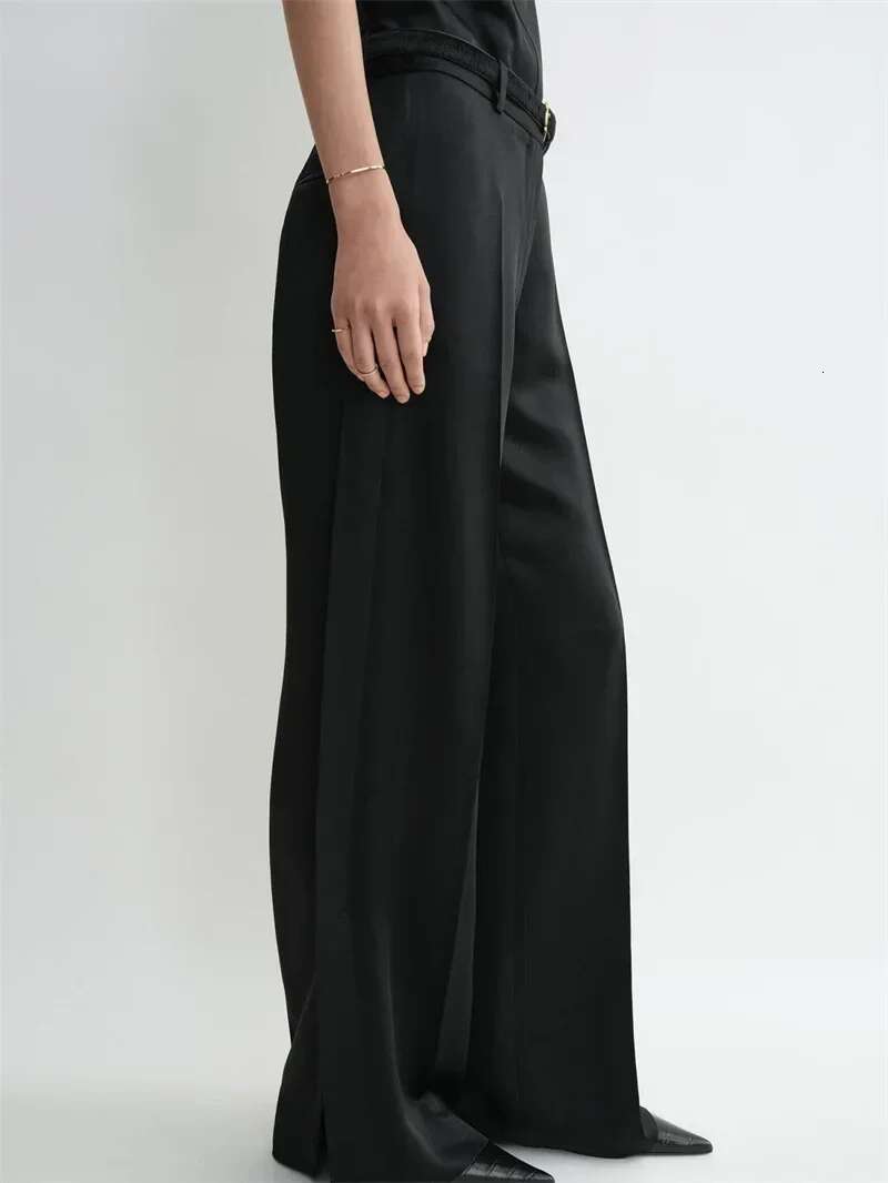 Women Slit Satin Straight Pants Commuting Solid Color Casual Lady Long Trousers 2025 Spring Summer New