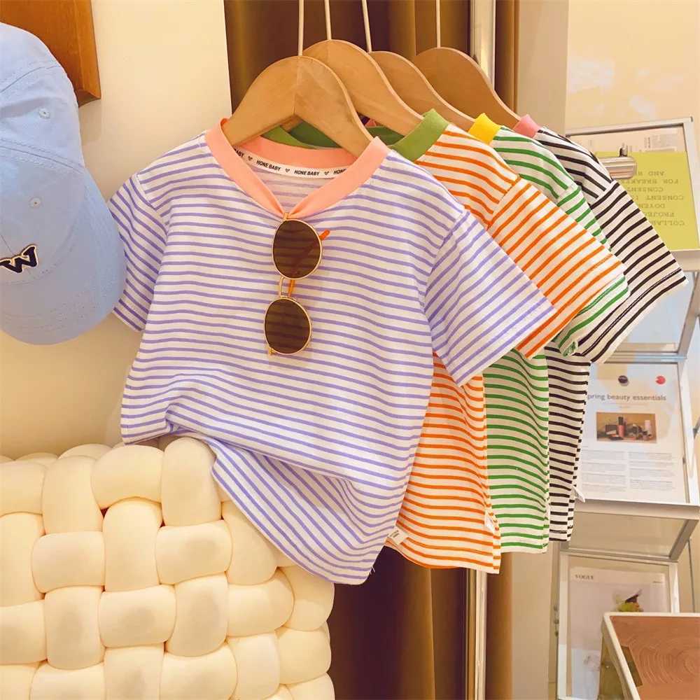 Childrens Short-Sleeved Boys Girls 2024 Summer New Striped T-Shirt Baby Thin Section Half-Sleeved Bottoming Shirt Casual WearT250306
