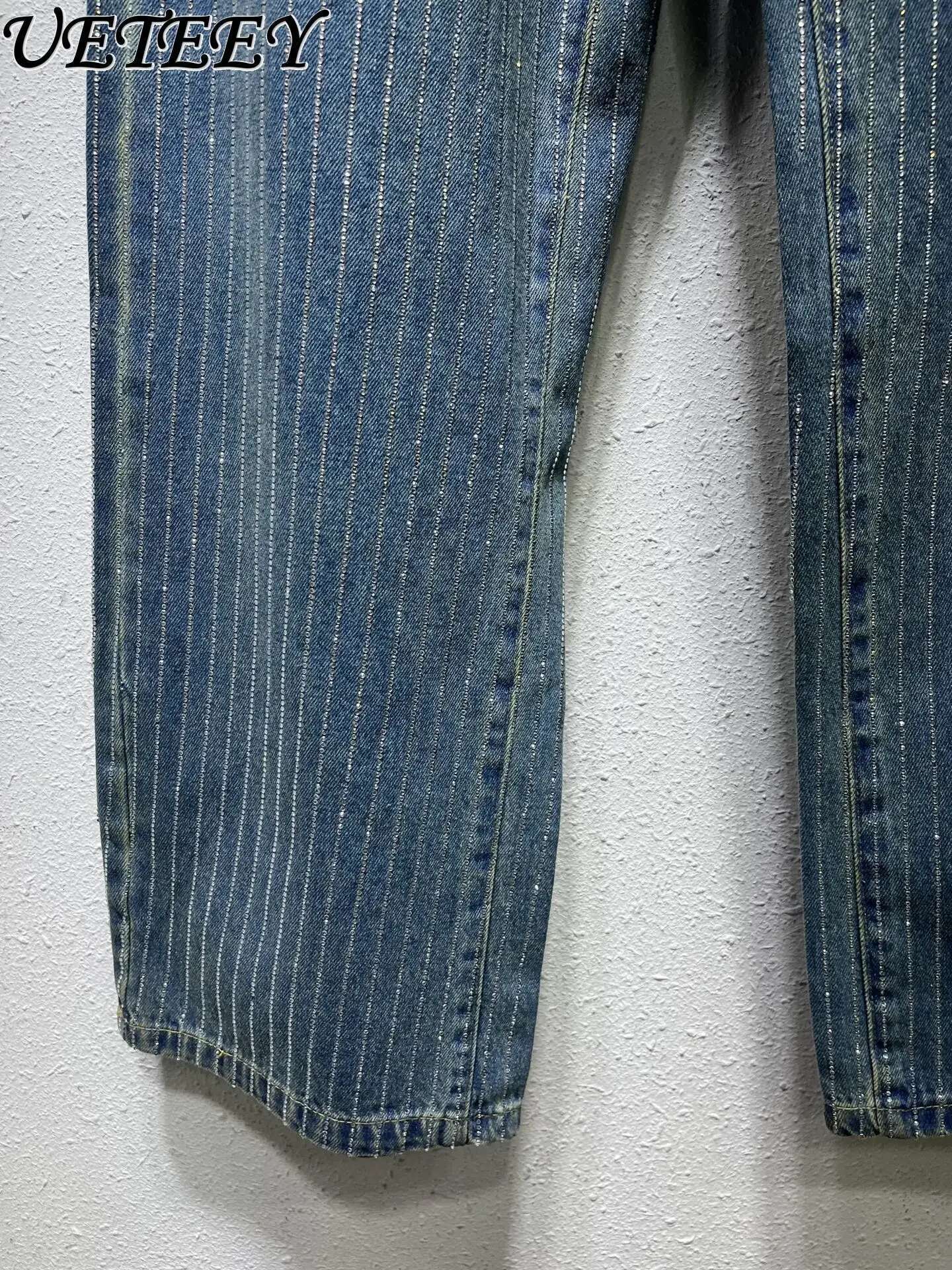 Spring 2025 New Design Niche Crystal Stripe Striped Rhie High Waist Wide Leg Straight Jeans Women Fashion Denim Pants