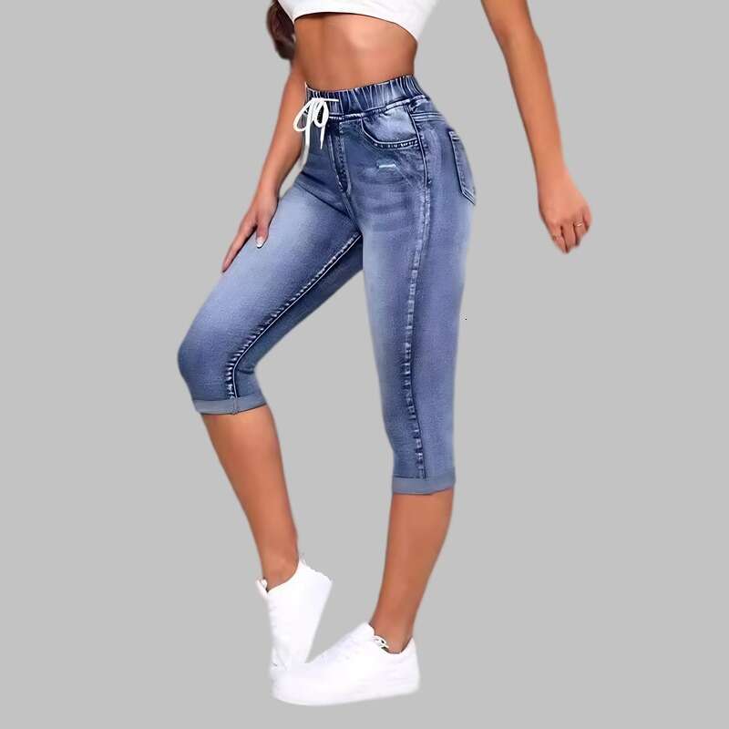 Hot selg jeans in Europe and America, women's elasticity elastic waistband drawstring, high waist sexy ripped jeans, 2025 new casual versatile fa