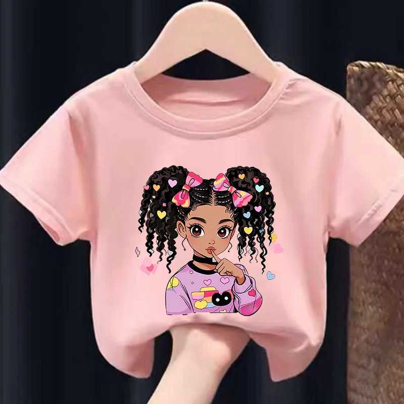 Colorful Cute BLACK GIRL Print Girls Soft and Stretchy Round Neck Short Sleeve T-shirt Kids Clothes Girls Clothes BsT250306