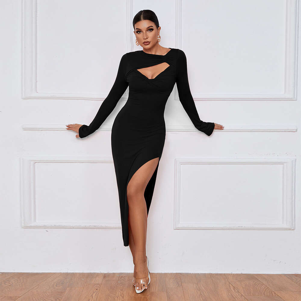 Women's Slim Fit Wrap Hip Tight Skirt Sexy Split Long Sleeve Dress KLMY
