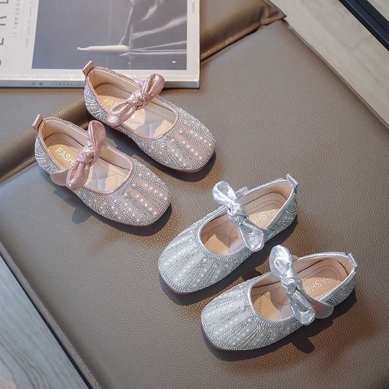 Girls Mary Jane 2023 Spring and Autumn New Children Round-toe Bow Flats Shine Sweet Princess Party Wedding Shows Leather ShoesT250306