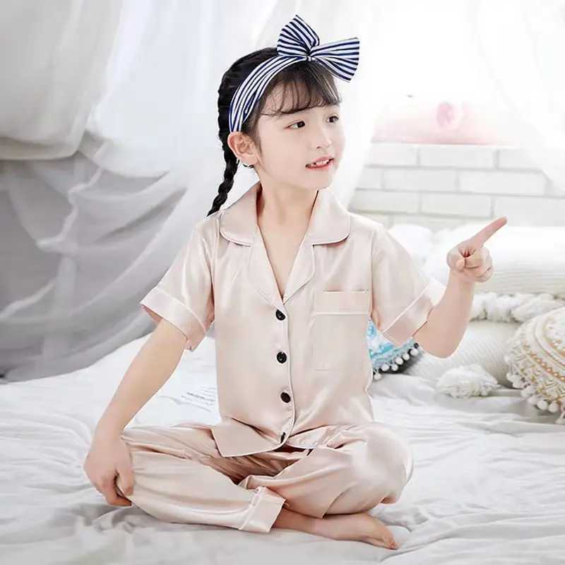 Childrens Pajama Set Cartoon Little Bear Girl Ice Silk Satin Top and Pants Set Boys Pajama Spring Summer Kids Baby Sleepwear M250306