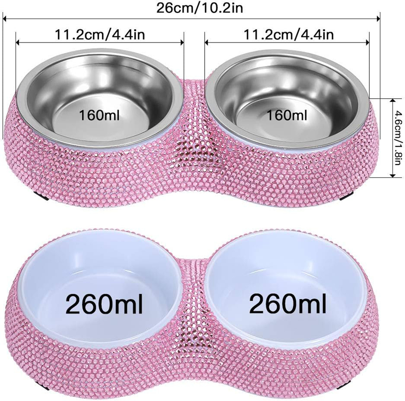 Small Cat Bowls, Handmade Bling Rhinestones Stainless Steel Pet Bowls Double Food Water Feeder for Puppy Cats Dogs Cats 320ML