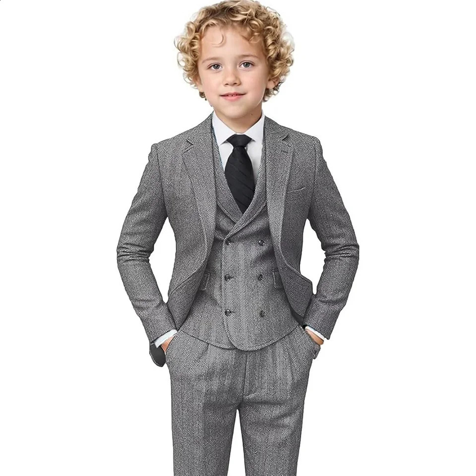 Boys Tweed Suit 3 Piece Tuxedo Suit for Boys Two Button Suits Jackets Vest Pants Set for Kid 250305