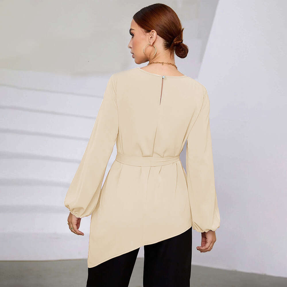 Spring/Summer Style Irregular Top Wrapped Waist Long Sleeved Women's Shirt KLMY