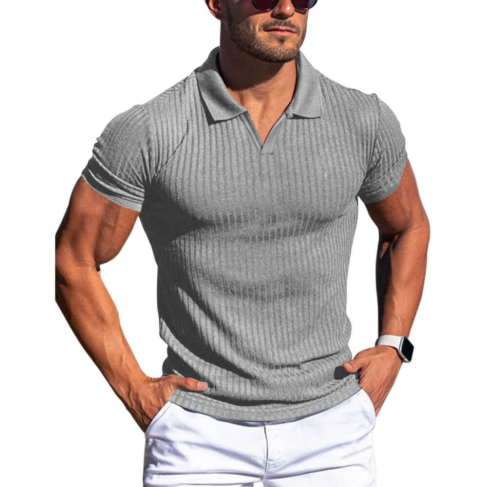 European and American summer polo shirt, V-neck vertical stripe short sleeved men's T-shirt, 2025 new casual versatile fashion clothing