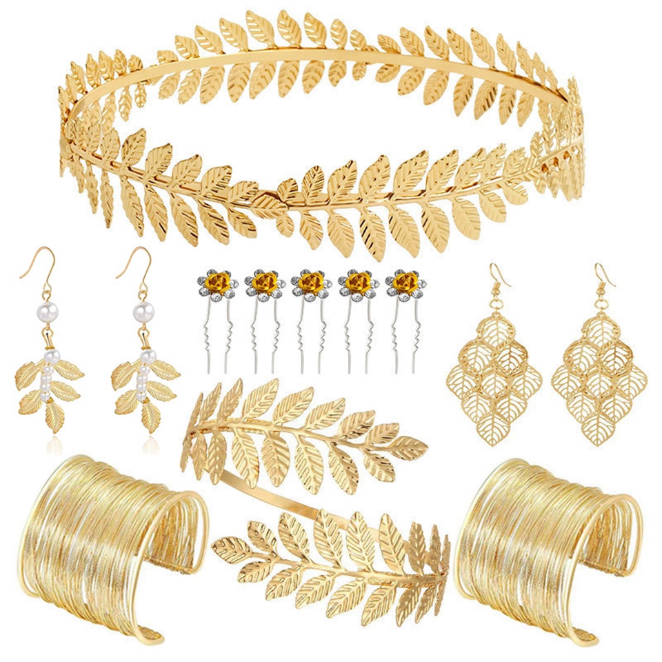 Greece Greek Goddess Cosplay Party Jewelry Baroque Golden Leaf Crown Bridal Headwear Halloween Accessories Earring Cuff Bracelet Hairabnd jewelry