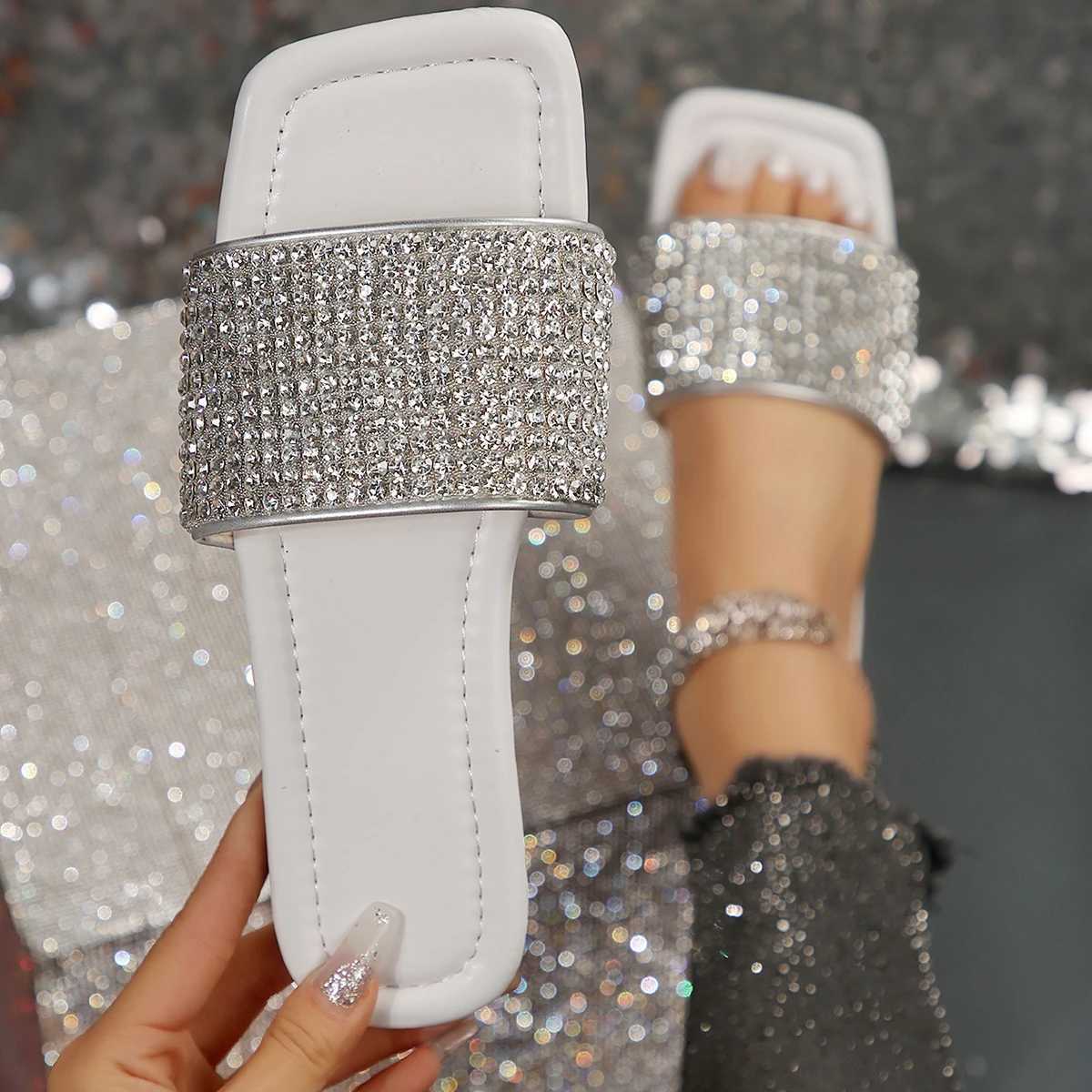 Womens Slippers Trend Bling Crystal Slippers Womens Flat Heel Shiny Glitter Slides Womens Summer Fi Rhine Sandals Y250306