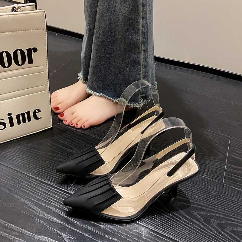 Summer 2025 Black for Off Work Footwear Pointed Toe Clear Thin H Ladies Shoes Sandals Wen Plastic High Korea Luxury Y250306