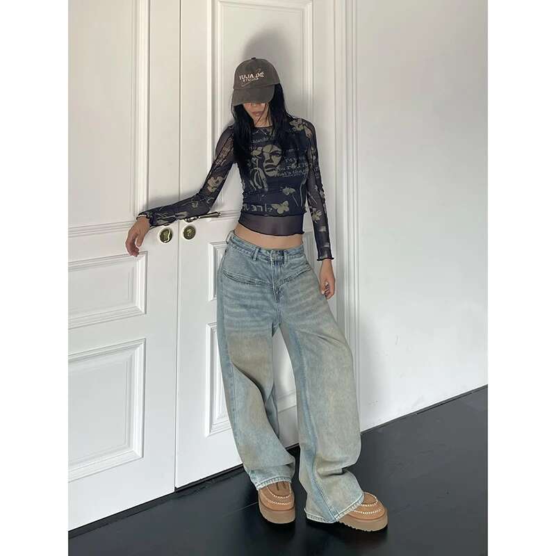 Women's American Vintage Y2k Washed Thin Jeans Street Casual Neutral Style Blue Denim Trousers Female High Waist Straight Pants