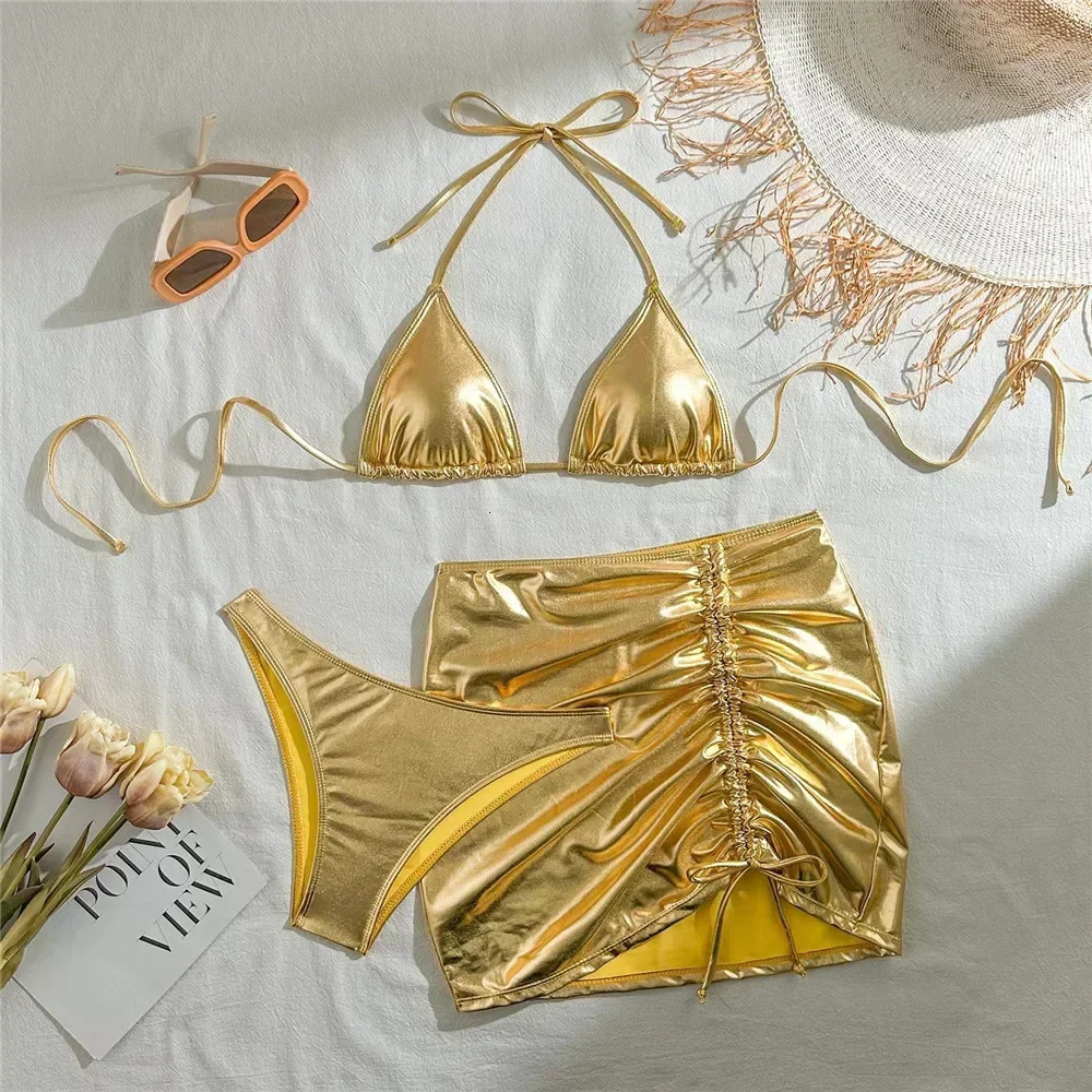 Gold Micro Thong String 3 Piece Bikini Set Womens Halter Swimwear Skirts Cover Ups Sexy Swimsuit Women Bathing Suit Bikinis 250306
