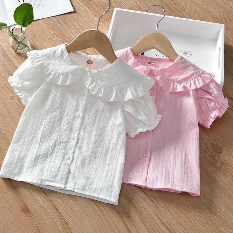 Summer Baby Girl Blouse Toddler Kids Girls Shirt Ruffle Short Sleeve Shirts Children Infant Cotton Tops Tees Pink WhiteT250306