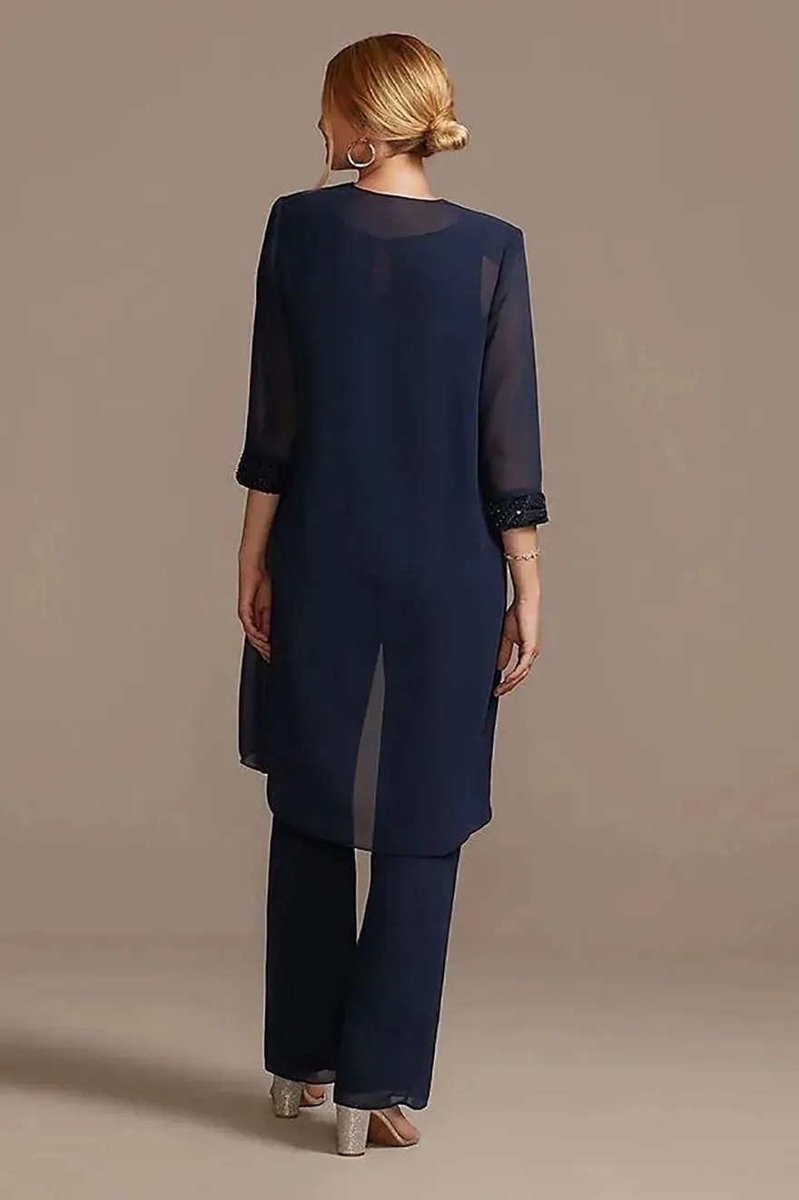 3 Pieces Dark Navy Chiffo Mother Of The Bride Pats Suits With Jacket Sequis Beaded Simple Weddig Guest Dress Log Sleeves Elegat Groom Mom Formal Party