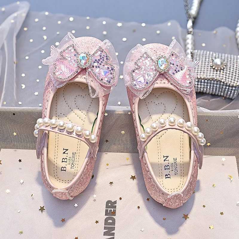 2024 Girls Princess Leather Shoes Elegant Luxury Childrens Flats Fashion Rhinestone Pearl Kids Ballet Wedding Mary Jane ShoesT250306