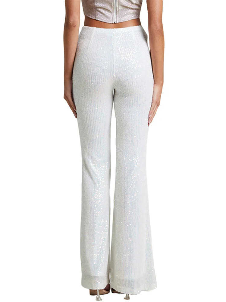 Women Sequin Pants Spring Autumn Flared High Waist Bodycon BellBottom Trousers 250306