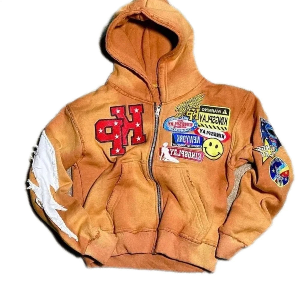 Y2k Autumn Retro Patchwork Letter Hoodie American Colorful High Street Hip-hop Casual Oversize Sweatshirt Zip Up Hoodie 250305