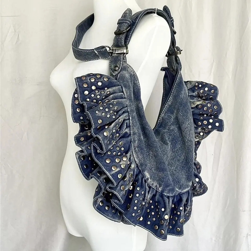 Fashion Hobo Denim Shoulder Bag with Sequin Womens Ruffles Jean Crossbody Bag with Zipper Female Purse Bag in Blue 250306