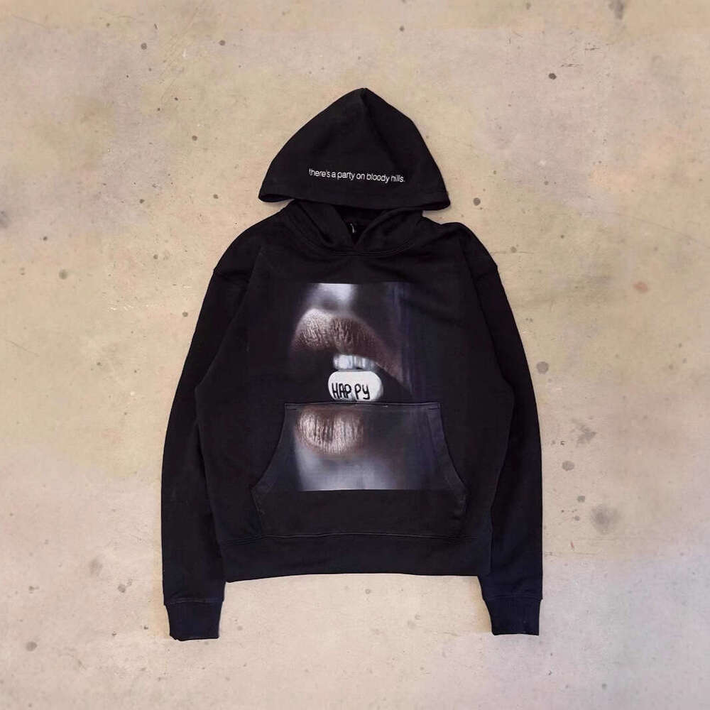 2025 American New Fashion Street Couple Style Trendy Black Hoodie Printed Design Unique Personality